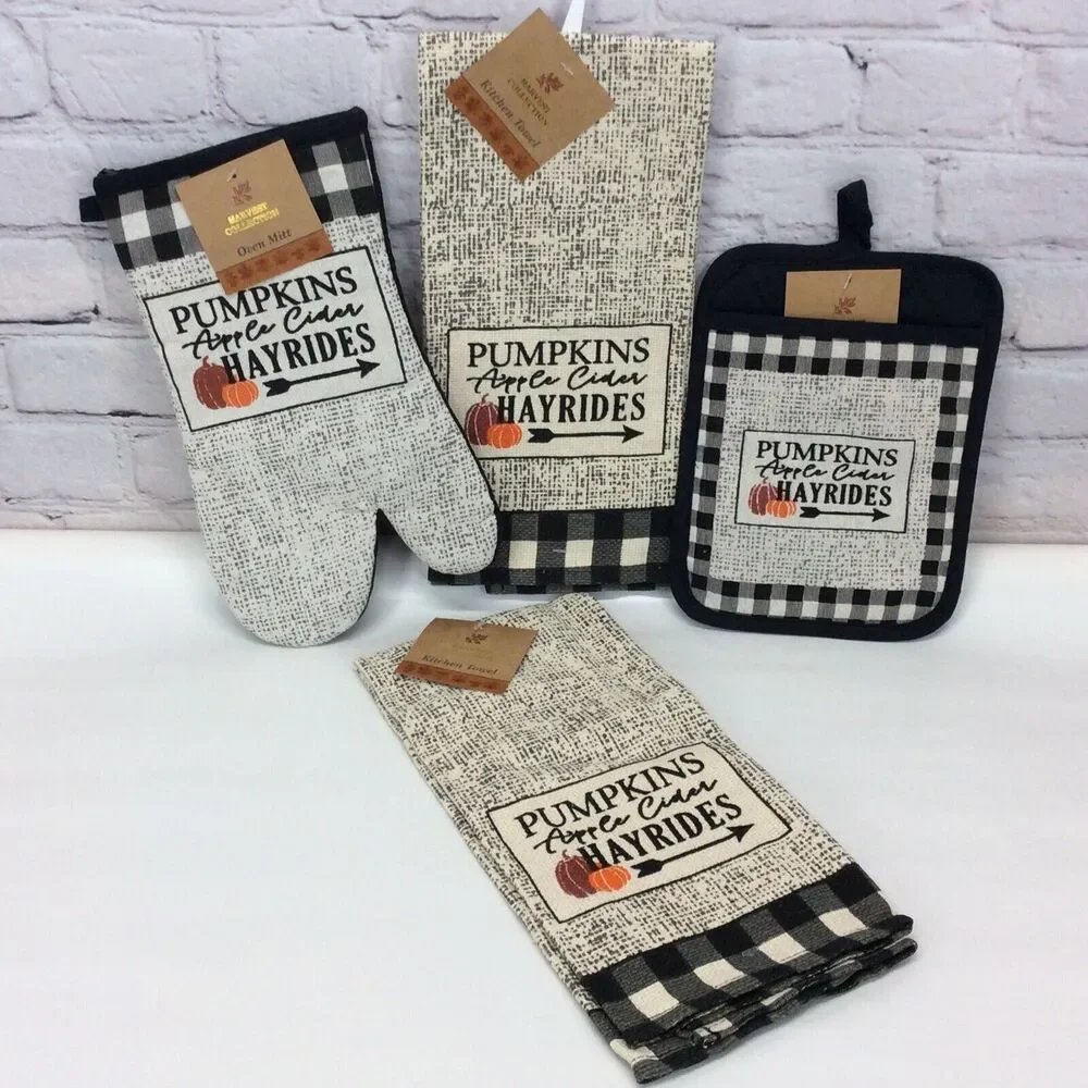 Fall 4 Pc Kitchen Set Pumpkins Buffalo Check 2 Towels/1 Oven Mitt/1 Pot Holder